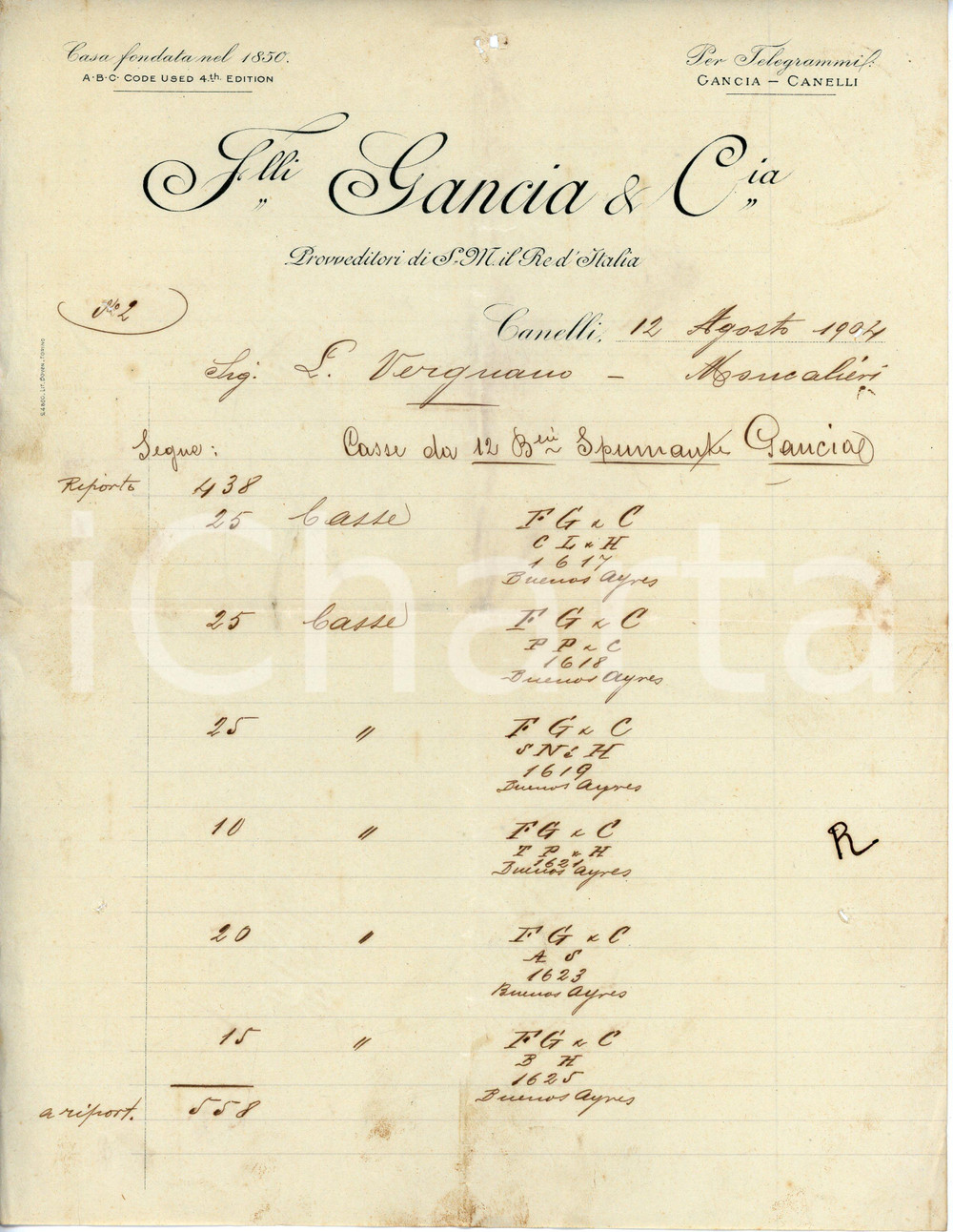 Documento originale, autentico 1904 CANELLI AT Fratelli GANCIA Vini, vermouth e liquori Fattura per spumanti 1