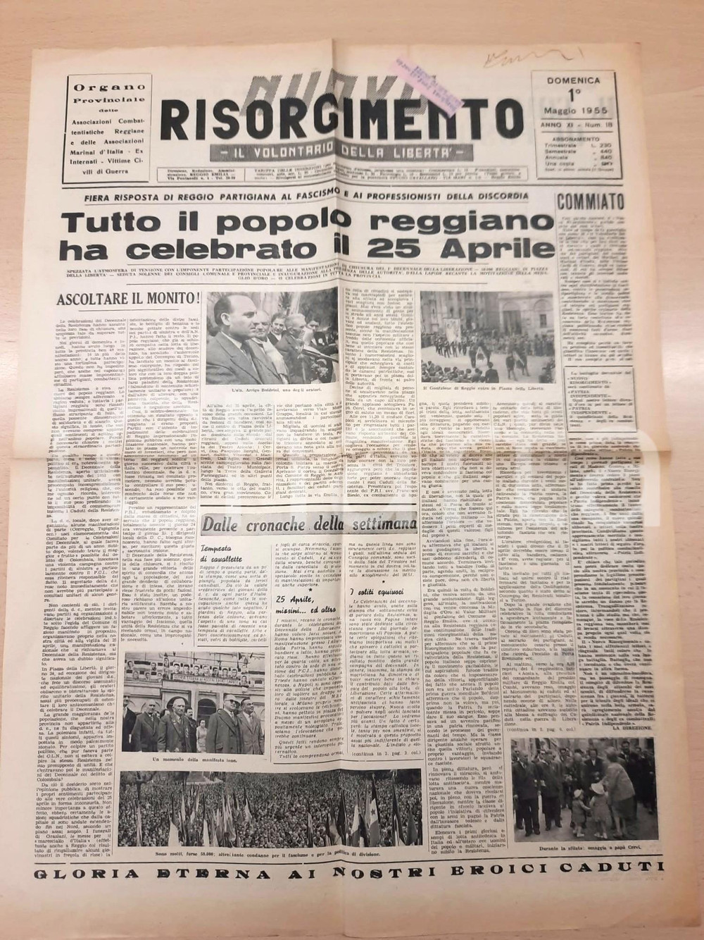 Giornale, rivista storica 1955 NUOVO RISORGIMENTO Reggio Emilia celebra il 25 aprile Giornale 1