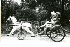 1953 COSTUME Two young girls trotting on new toy vehicle "TRABI 3" *Photo 15x10