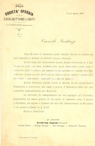 1890 CASALBUTTANO ED UNITI Società Operaia - Festa Fondo Cronicità ^Programma  Documento a stampa contenente la lettera e il programma della festa per il nuovo fondo cronicit&agrave;.CONDIZIONI: GPAGINE: 4 (2 bianche)     originale e autentica 1