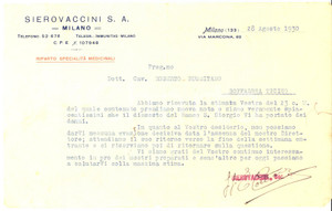 1930 MILANO SIEROVACCINI S.A. Medicinali - Lettera commerciale per preparati