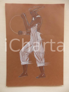 1980 ca MODA UOMO ESTATE Salopette con bottoni e risvolto - Bozzetto 25x35 cm