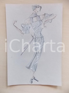 1980 ca MODA DONNA ESTATE Abito da sera grigio con cintura - Bozzetto 22x32 cm