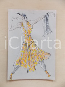 1980 ca MODA DONNA ESTATE Completo da sera fantasia con gilet - Bozzetto 22x32