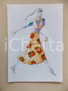 1980 ca MODA DONNA ESTATE Completo gonna lunga e mini gilet - Bozzetto 25x35