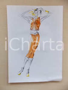 1980 ca MODA DONNA ESTATE Completo pantaloni e gilet corto con rosa - Bozzetto