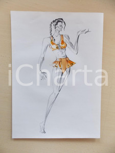 1980 ca MODA DONNA MARE Modello bikini con volant stampato *Bozzetto 25x35 cm