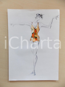 1980 ca MODA DONNA MARE Costume intero stampato con cerniera *Bozzetto 25x35 cm