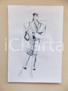 1980 ca MODA DONNA INVERNO Giacca con inserto a coste e pantalone - Bozzetto