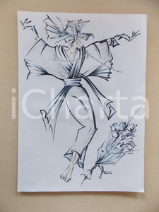 1980 ca MODA DONNA SPOSA Abito lungo con stola incrociata - Bozzetto