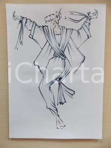 1980 ca MODA DONNA SPOSA Abito lungo con mantella - Bozzetto 25x35 cm