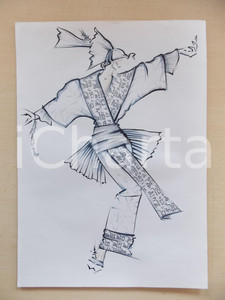 1980 ca MODA DONNA SPOSA Abito lungo con inserti decorati - Bozzetto 25x35 cm