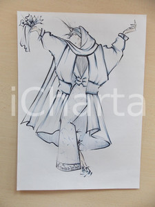 1980 ca MODA DONNA SPOSA INVERNO Abito con mantella e cappuccio - Bozzetto 25x35