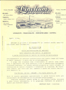 1929 MILANO Ditta LINOLEUM di Leopoldo HAAS - Lettera pubblicitaria intestata