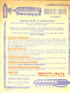 1954 LIVORNO Brevetti IOLITA - Inseritore a mercurio - Volantino DANNEGGIATO