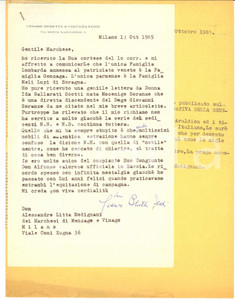 1965 MILANO Lettera Cesare BERETTA DI COLUGNA FESTI su patriziato - AUTOGRAFO