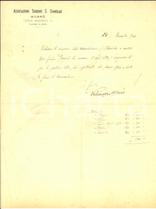 1940 MILANO Associazione Studenti S. STANISLAO - Ricevuta per pulizia della sede