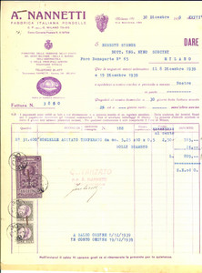 1939 MILANO A. NANNETTI Fabbrica Italiana Rondelle - Fattura intestata con bolli