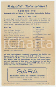 1950 Automobile Club MILANO - Accordo benzina e posteggi motociclisti ^Volantino Volantino originale d'epoca. FAIR/discreto piegature d'epoca con ingiallimenti lungo le piegature Formato: 14x22 cm originale e autentica 1