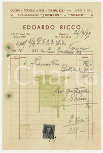 1939 NAPOLI Via Diaz 35-36 - Edoardo RICCO Cucine e fornelli *Fattura