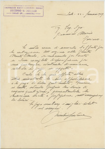 Documento originale, autentico 1949 SALE AL Impresa edile NICCHIO Giovanni  Lettera commerciale 1