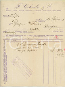 1910 MILANO Via Caiazzo 29 - Ditta F. COLOMBO & C. Macchine utensili *Fattura Fattura originale d'epoca, manoscritta, su carta intestata.  FAIR/discreto piegature d'epoca, con piccoli fori  originale e autentica 1