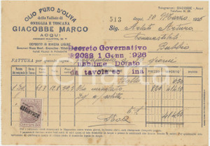 1926 ACQUI TERME (AL) Marco GIACOBBE Olio d'oliva ONEGLIA e TOSCANA *Fattura