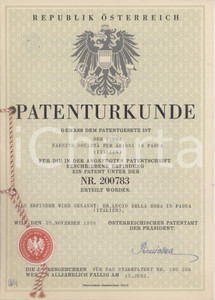 Documento originale, autentico 1959 AUSTRIA Attestato brevetto FAESITE per dispositivo inserimento di liquido 1