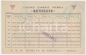 1950 MONZA S.A.M. Listino Cinghie Trebbia ARTIGLIO - Listino prezzi  Listino prezzi originale d'epoca, con disegno a pastello al verso.  FAIR/discreto lievi gualciture Formato: 22x14 cm originale e autentica 1