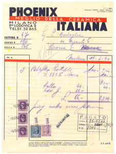 1944 MILANO P.le Lodovica 2 - PHOENIX ITALIANA Meglio della ceramica *Fattura Fattura originale d'epoca, su carta intestata.PAGINE: 1  POOR/danneggiato piegature d'epoca; fori da classificatore  originale e autentica 1