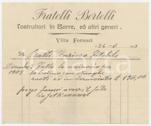 Documento originale, autentico 1913 MILANO / VILLA FORNACI Fratelli BERTELLI Costruttori in barre  Fattura 1
