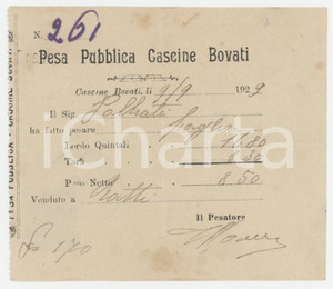 1929 CASCINE BOVATI / MONZA Ricevuta della pesa pubblica per paglia