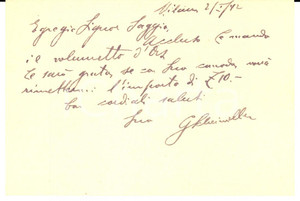 1942 MILANO Biglietto Giovanni SCHEIWILLER per invio volume - AUTOGRAFO