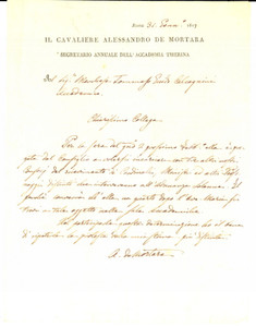 1817 ROMA Accademia Tiberina - Lettera Alessandro MORTARA - AUTOGRAFO Lettera autografa di Alessandro Mortara (o De Mortara, come si firmava), nella quale il socio marchese Tommaso Guido Calcagnini &egrave; invitato a curare il ricevimento dei cardinali e ministri che interverranno all' adunanza solenne in previsione. CONDIZIONI: FAIR (piegature d'epoca)PAGINE: 4 (1 scritta)    originale e autentica 1