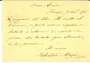 1875 FIRENZE Salvatore MUZZI - Cartolina per ringraziamento AUTOGRAFO