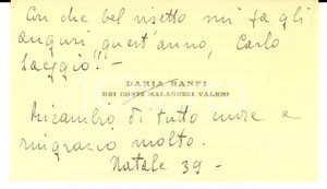 1939 MILANO Contessa Daria BANFI MALAGUZZI VALERI - Biglietto AUTOGRAFO