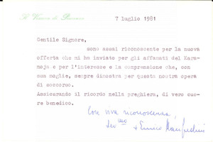 1981 PIACENZA Vescovo Enrico MANFREDINI - Biglietto ringraziamento AUTOGRAFO