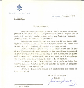 1969 VATICANO Mons. Giovanni BENELLI - Lettera ringraziamento AUTOGRAFO