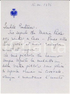 Autografo originale 1935 ROMA Lettera Iolanda Margherita di Savoia per saluti  AUTOGRAFO 1