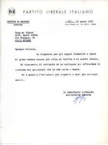 1982 MILANO - PLI Avvocato Roberto SAVASTA *Lettera di auguri con AUTOGRAFO