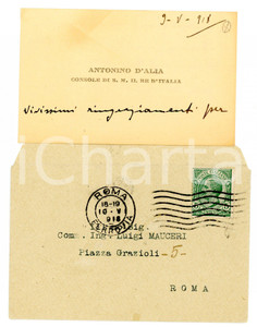 1918 ROMA Console Antonino D'ALIA *Biglietto di ringraziamento AUTOGRAFO - Busta
