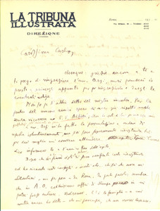 1930 ca ROMA Direzione LA TRIBUNA ILLUSTRATA Lettera su Ofelia MAZZONI Lettera manoscritta, inviata dalla rivista "La Tribuna Illustrata", ma non firmata, relativa a varie questioni e al mancato riconoscimento del lavoro della scrittrice Ofelia Mazzoni.CONDIZIONI: FAIR (sottolineature e piegature d'epoca)PAGINE: 1 (2 facciate)    originale e autentica 1