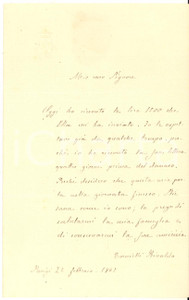 1867 PARIS Lettera marchese Rinaldo TORNIELLI per ringraziamento - AUTOGRAFO