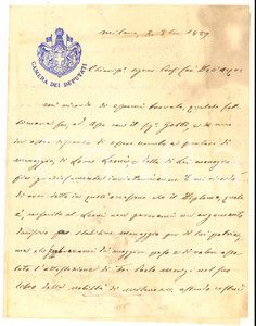 1889 MILANO Lettera on. Giuseppe MERZARIO su Leone Leoni e Menaggio - Autografo Lettera interamente autografa.Su carta intestata della Camera dei Deputati. CONDIZIONI: FAIR (piegature d'epoca e tracce di umidit&agrave; evidenti)PAGINE: 4 (2 scritte)    originale e autentica 1