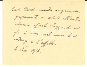 1924 MILANO Carlo PASCAL - Biglietto con messaggio di auguri - AUTOGRAFO