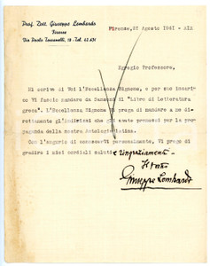 Autografo originale 1941 FIRENZE Lettera Giuseppe LOMBARDO per invio libro SANSONI  AUTOGRAFO 1