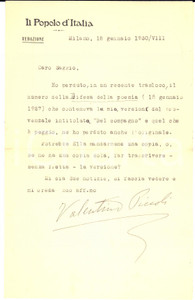 1930 MILANO Lettera Valentino PICCOLI per rivista perduta - AUTOGRAFO