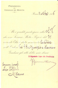 1925 ROMA Felice FERRARI PALLAVICINO - AUTOGRAFO su lettera nomina a Leo POLLINI