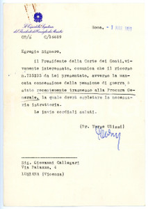 1969 ROMA Terse ULISSI per ricorso pensione di guerra - Lettera con AUTOGRAFO