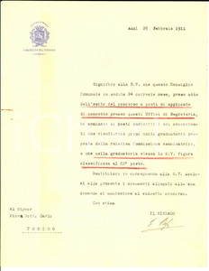 1911 TORINO Lettera Teofilo ROSSI DI MONTELERA per esito concorso - AUTOGRAFO